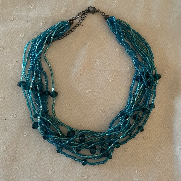 Multi-strand Teal Glass Beaded Statement Necklace - Picture 3 of 5